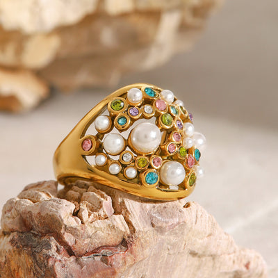 Diamond studded pearl handmade ring